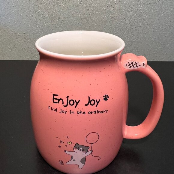 ENJOY JOY Find Joy in the Ordinary ~ Pink Ceramic Cat and Fish Mug - Picture 2 of 6